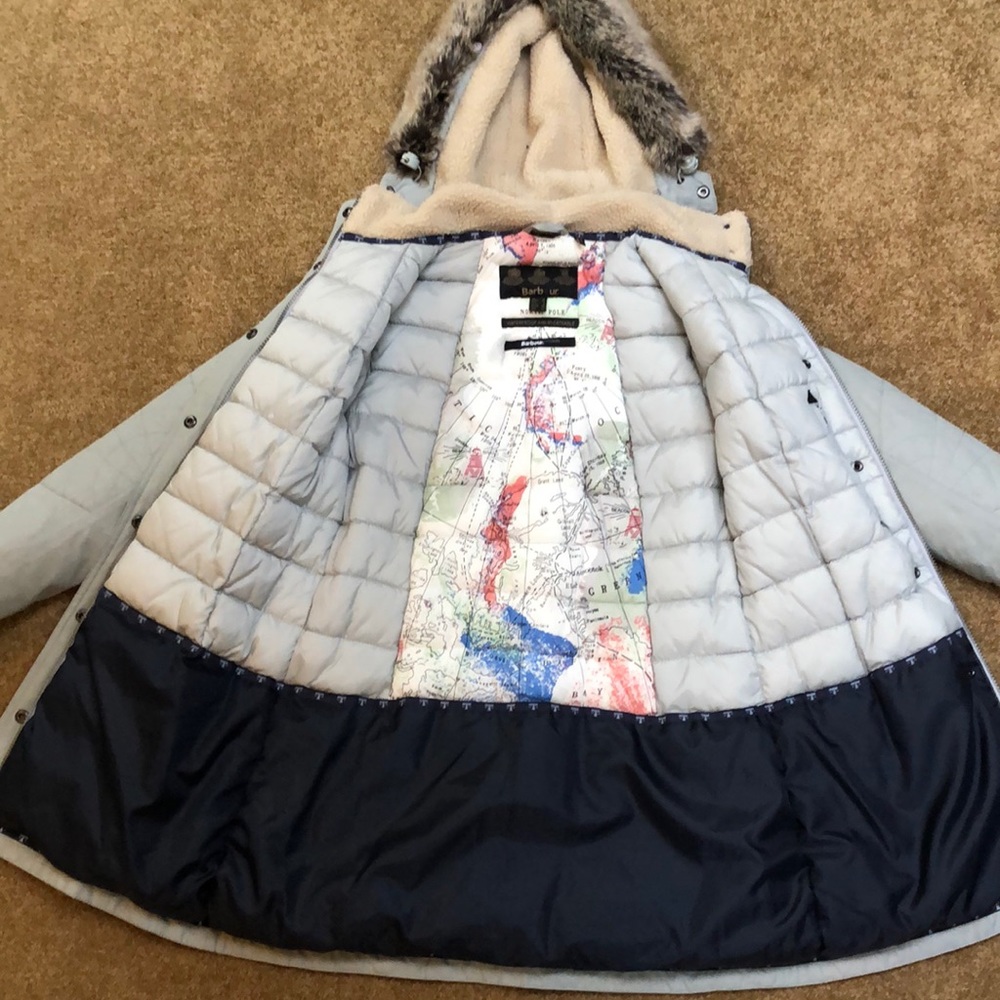 Barbour Light Gray and Navy Ski Snow Jacket with Fur Trim